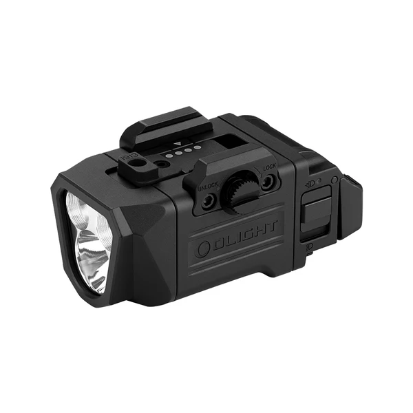 Olight PL X linterna táctica negra para montaje en armas con potente haz de luz, ideal para aplicaciones de seguridad y caza.