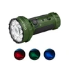 Linterna táctica Olight verde, modos de luz roja, verde y azul para uso en exteriores y búsqueda.