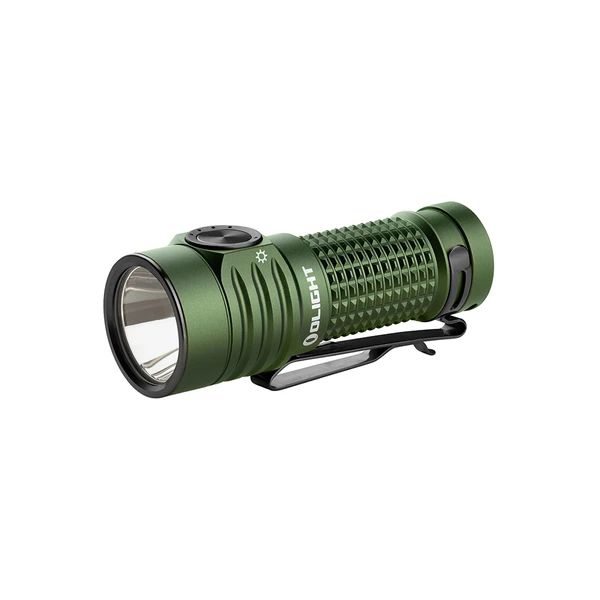 Linterna LED táctica Olight en color verde, modelo Warrior Mini 2, con clip de bolsillo.