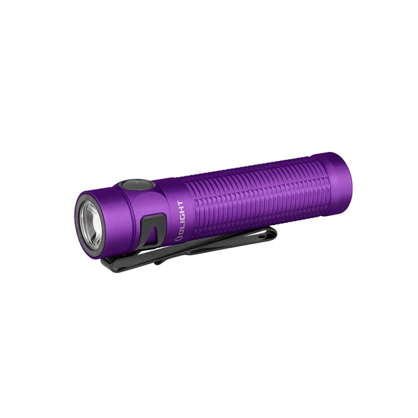 Linterna táctica Olight morada con clip de bolsillo negro para uso diario y camping