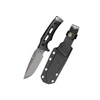 Cuchillo táctico de supervivencia con hoja de acero gris, mango negro texturizado y funda rígida de transporte