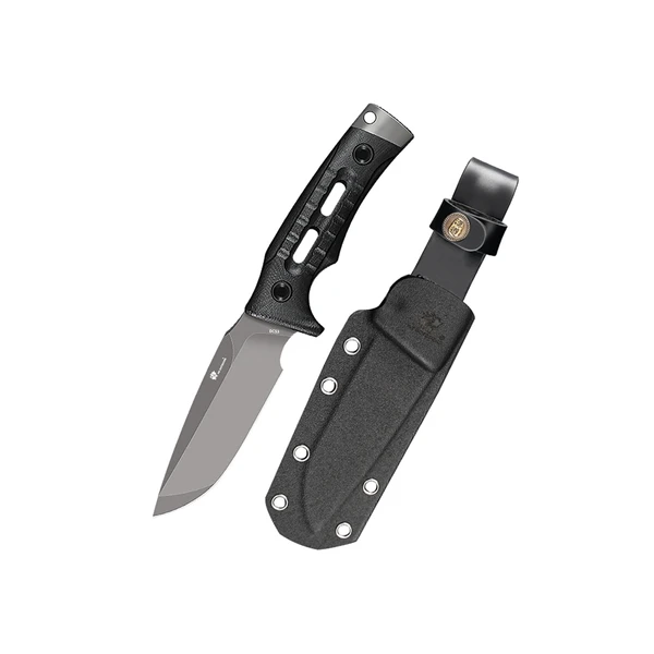 Cuchillo táctico de supervivencia con hoja de acero gris, mango negro texturizado y funda rígida de transporte