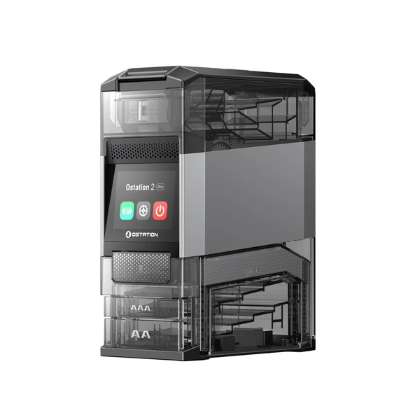 Olight Ostation 2 gris, vista frontal, estación de carga y almacenamiento de baterías recargables para organización del hogar.