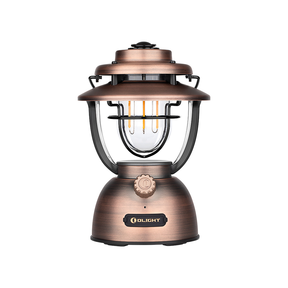 Olight Olantern Classic 2 Pro, una linterna bronce de aspecto retro con bombillas LED para camping y decoración del hogar.
