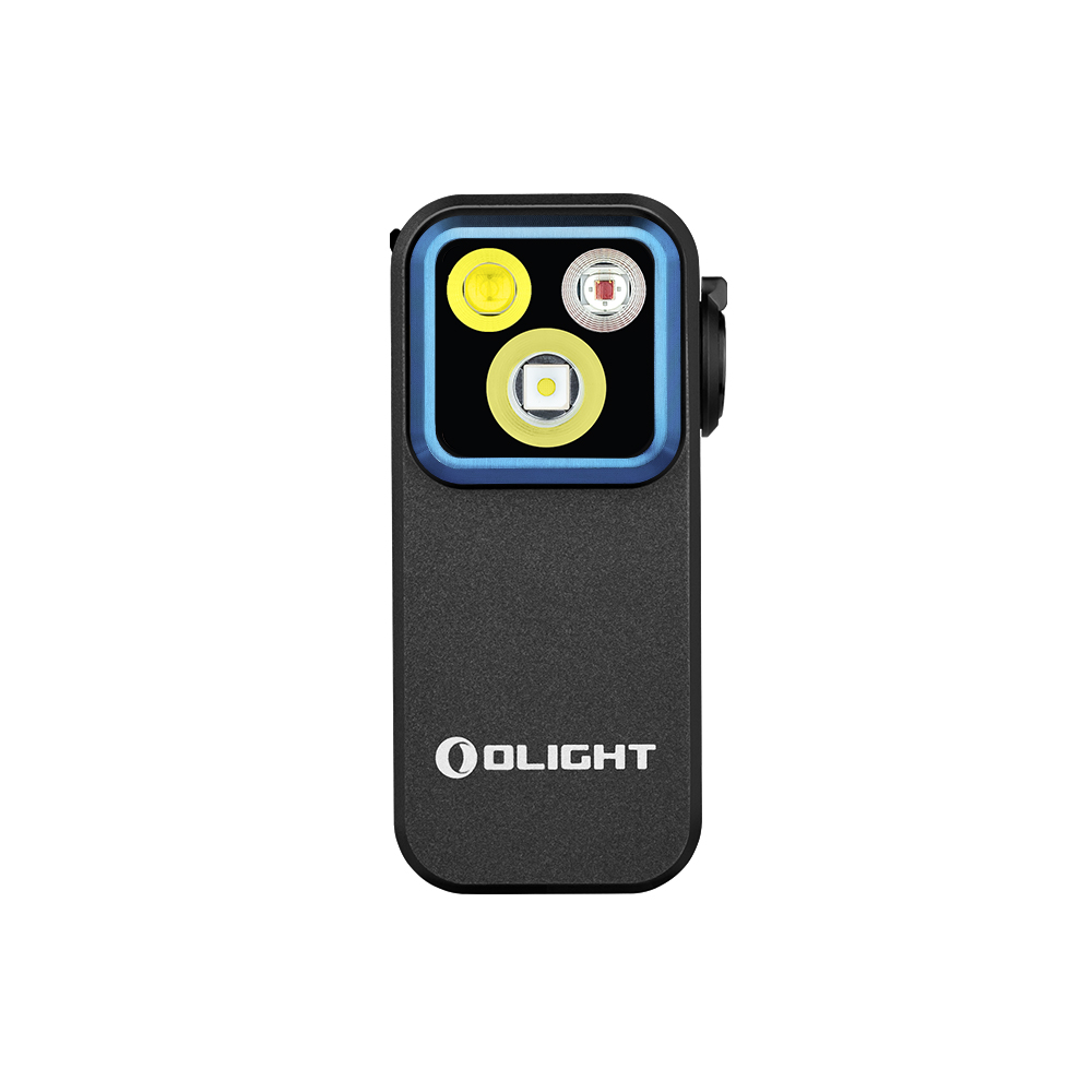Linterna Olight Oclip 2 Pro negra vista frontal con triple LED y marco azul para EDC y senderismo
