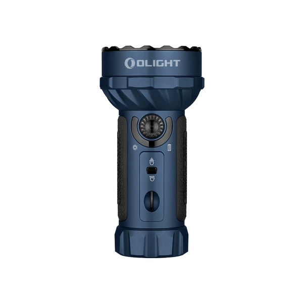 Linterna potente Olight Marauder Mini azul con interruptor giratorio y sensor de brillo para búsqueda y rescate