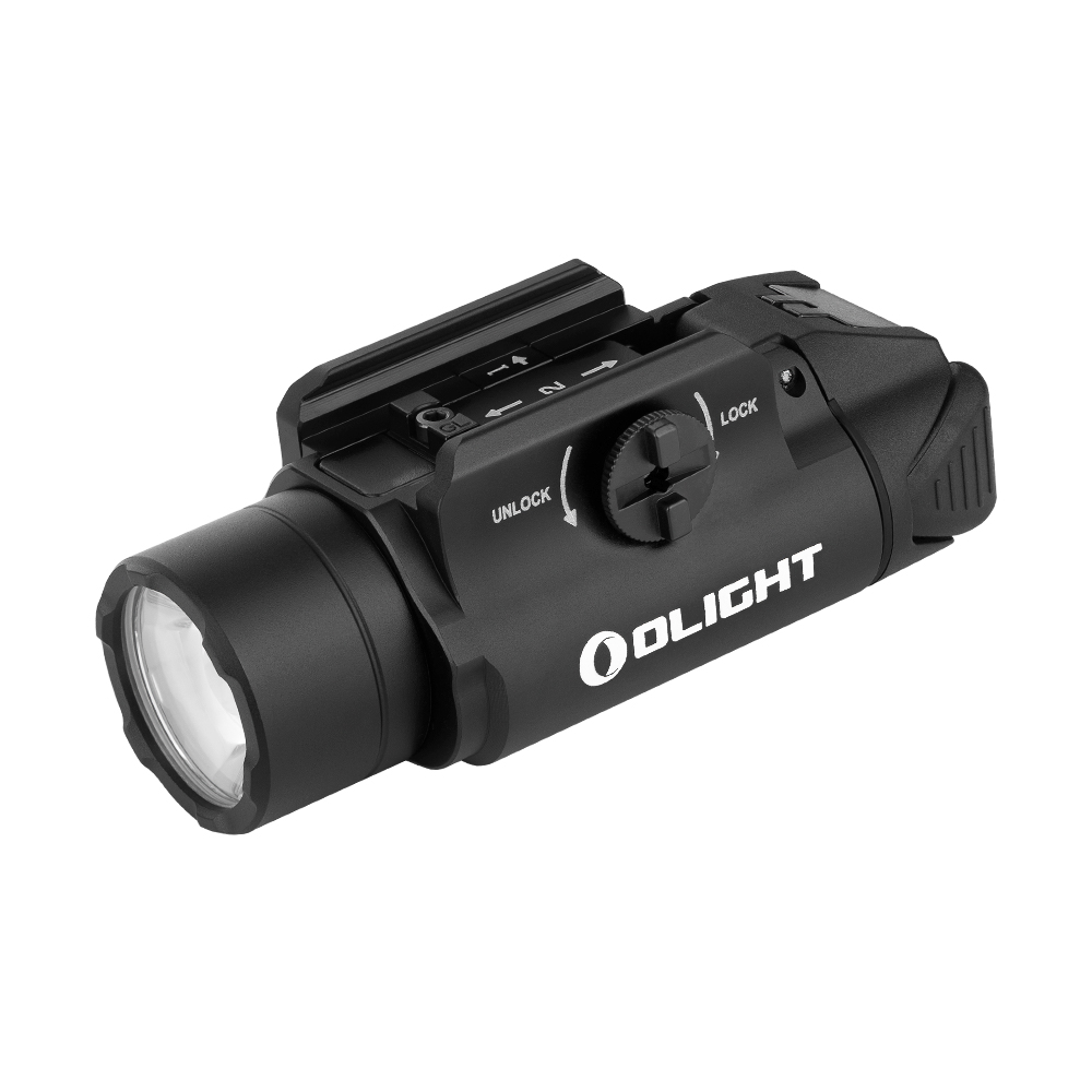 Linterna compacta para arma de fuego Olight negra con riel de montaje y palanca de bloqueo/desbloqueo, vista lateral