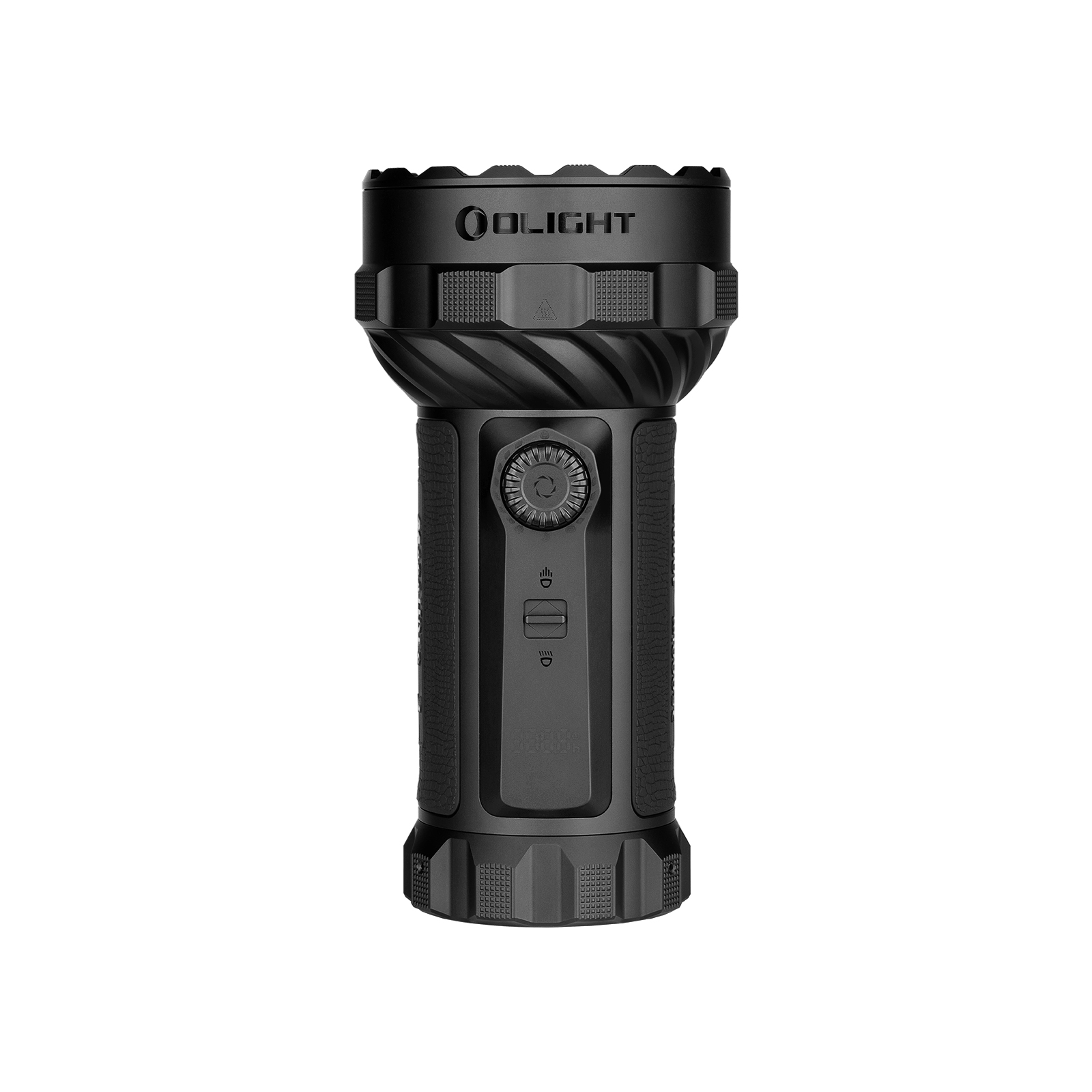 Linterna táctica Olight negra de alta potencia con interruptor giratorio y diseño texturizado antideslizante