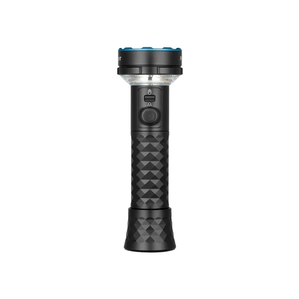 Linterna táctica Olight negra recargable de alta potencia sobre fondo blanco con etiqueta de regalo gratis