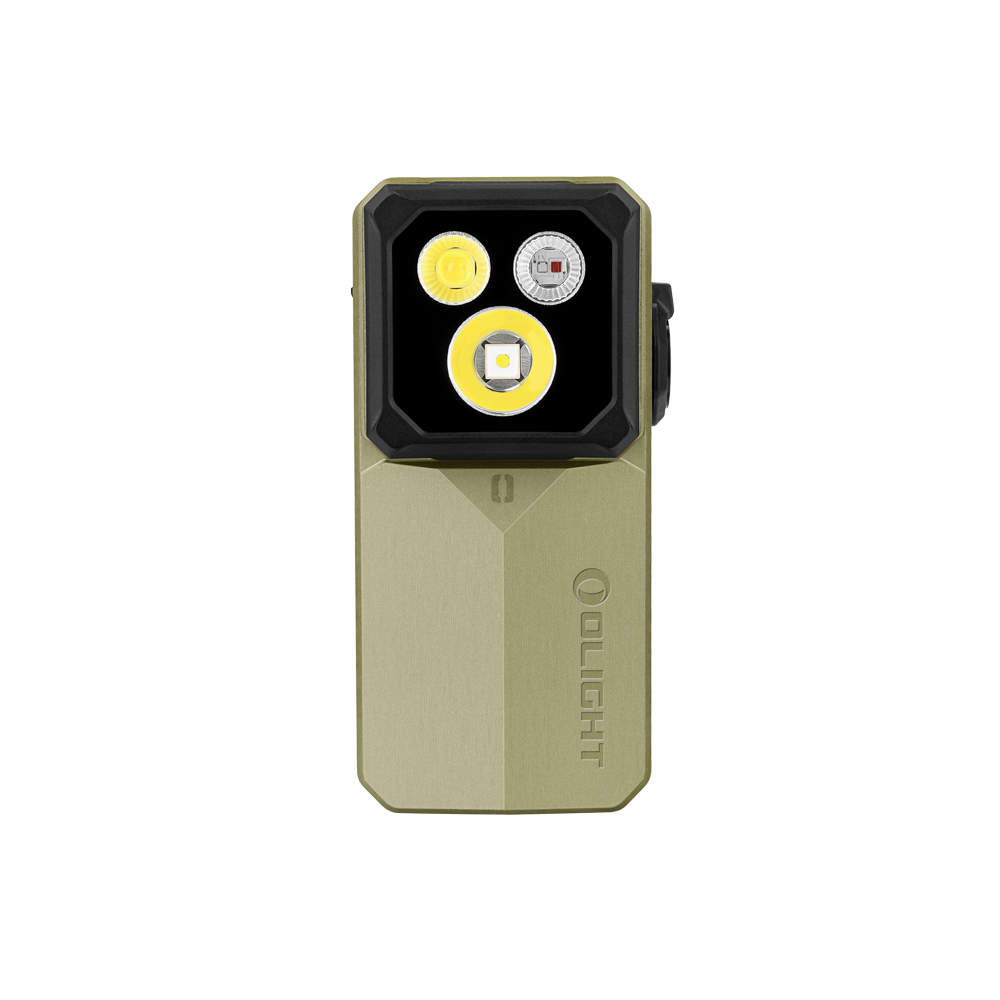 Linterna verde Olight Oclip 2 Ultra vista frontal con tres luces LED de alta potencia para camping y uso diario