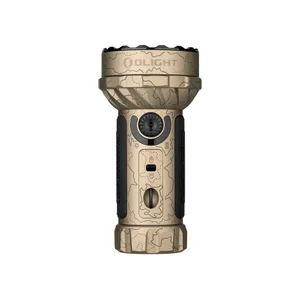 Linterna Olight Marauder Mini color arena camuflaje con grabado de mapa topográfico sobre fondo blanco