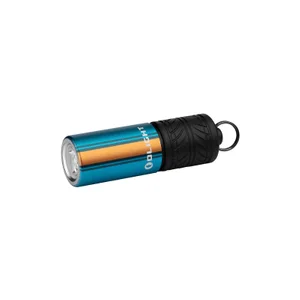 Olight I1R 2 Pro EOS linterna azul y naranja de perfil con agarre texturizado y llavero para uso diario o exterior