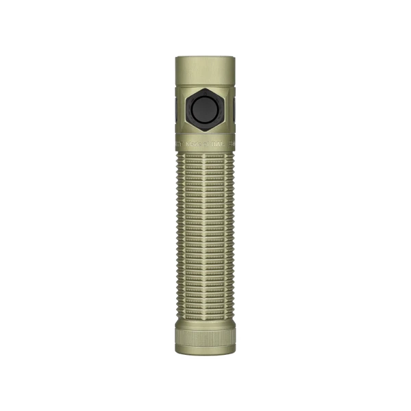 Olight Baton Ultra verde oliva con textura antideslizante y botón lateral para uso diario.