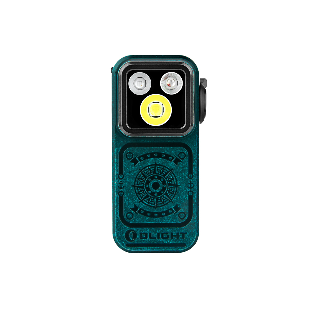 Olight Oclip Pro S azul-verde con luces LED de alta potencia para iluminación portátil y uso en exteriores.