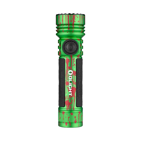 Linterna Olight Seeker 4 Pro verde con detalles rojos vista frontal y mango antideslizante para outdoor y rescate