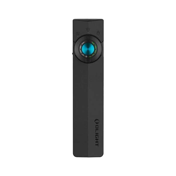 Linterna Olight ArkPro negra, vista frontal con botón giratorio azul turquesa, luz UV y modos múltiples, para uso diario.