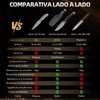 Comparativa de cuchillos tácticos con tabla de especificaciones técnicas de hoja DC53, dureza HRC y mango G10 de alta calidad