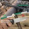 Comparación de dureza HRC entre cuchillo táctico de alta calidad y cuchillo común para cortar madera y supervivencia
