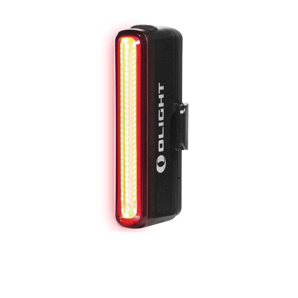 Luz trasera de bicicleta Olight con iluminación LED roja brillante sobre fondo blanco