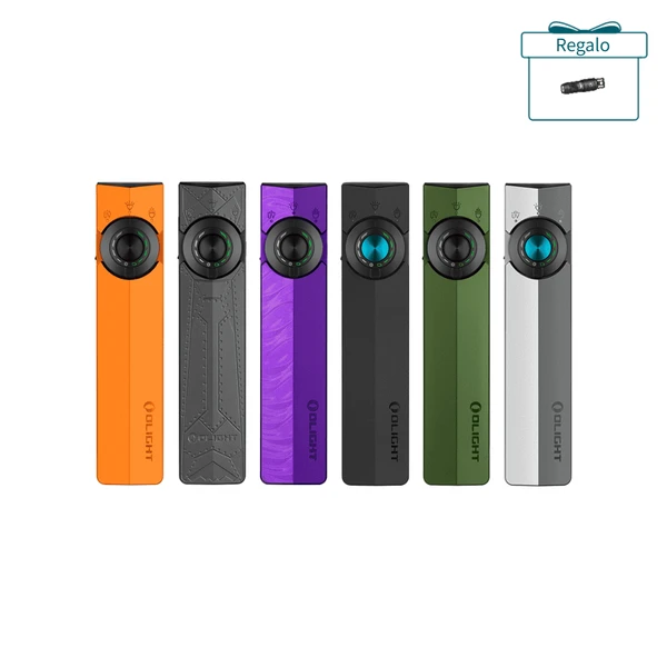 Olight Arkfeld Pro negro, vista frontal, linterna LED plana multifunción con UV y puntero láser para uso diario.