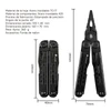 Alicates multiusos negros HX Outdoors con especificaciones técnicas y dimensiones de 100mm cerrado y 160mm abierto