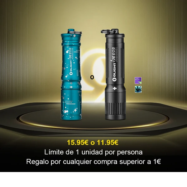 Dos linternas Olight I3E EOS, una azul con estrellas y una negra, mostrando precios de oferta.