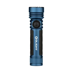 Linterna Olight Seeker 4 Pro azul con empuñadura de silicona y botón giratorio para rescate y actividades al aire libre