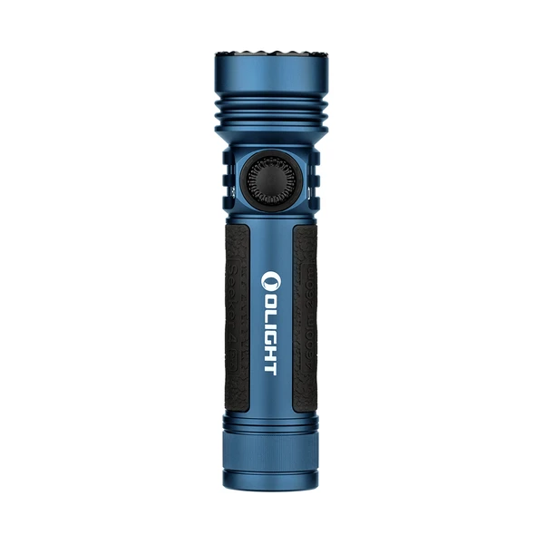 Linterna Olight Seeker 4 Pro azul con empuñadura de silicona y botón giratorio para rescate y actividades al aire libre