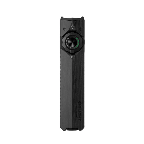 Linterna plana recargable Olight Arkfeld Pro negra con láser verde, luz blanca y UV sobre fondo blanco