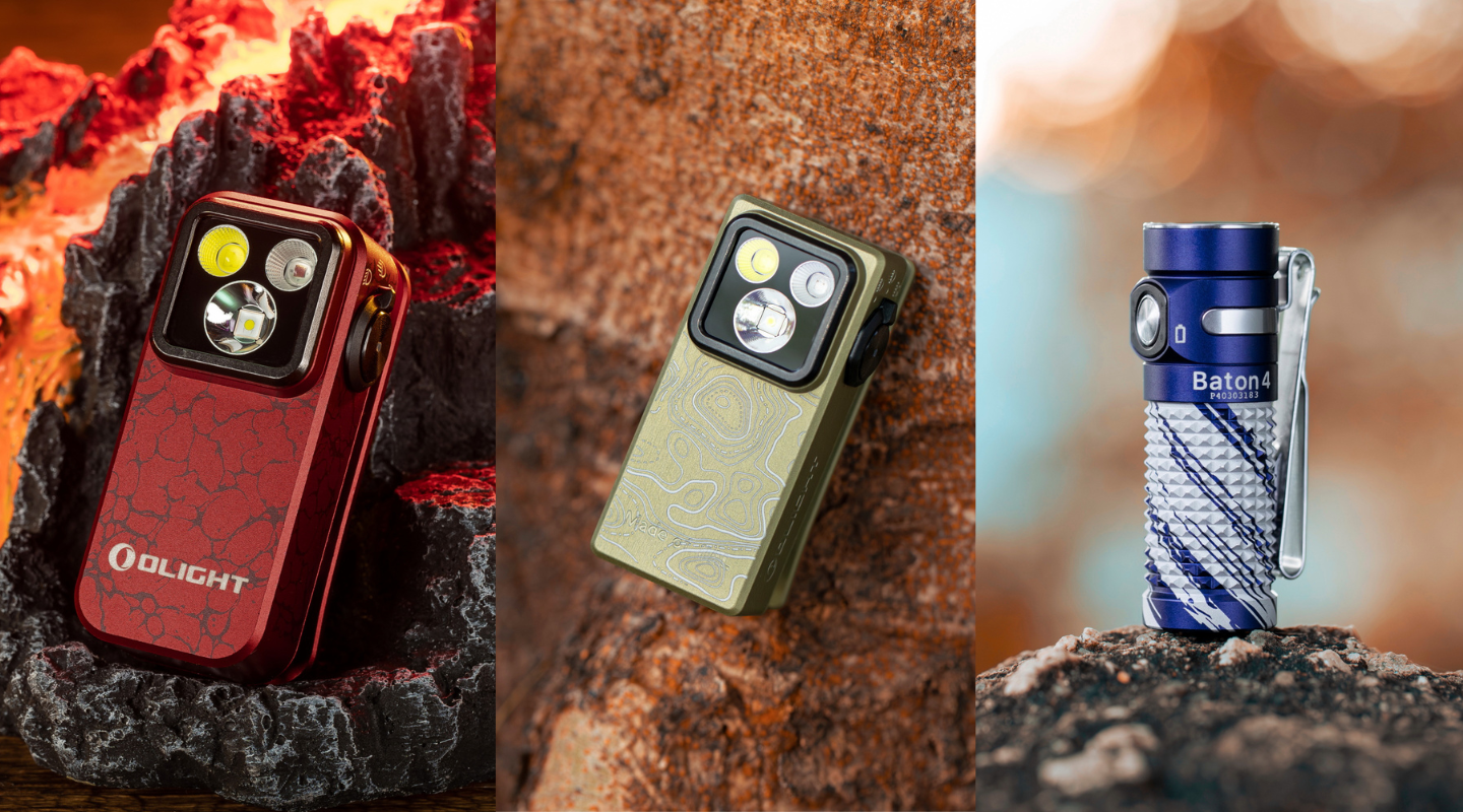 Linterna Olight con diseño exclusivo sobre madera