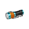 Linterna frontal LED Olight Perun 2 naranja y azul turquesa. Foco potente con correa ajustable y clip.