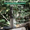 Especificaciones técnicas de cuchillo de supervivencia outdoor con hoja de acero DC53 y mango de G10 sobre fondo natural
