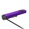 Linterna LED recargable Olight morada con cable de carga magnética USB sobre fondo blanco.of_thought