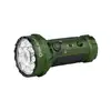 Linterna táctica Olight verde, modos de luz roja, verde y azul para uso en exteriores y búsqueda.