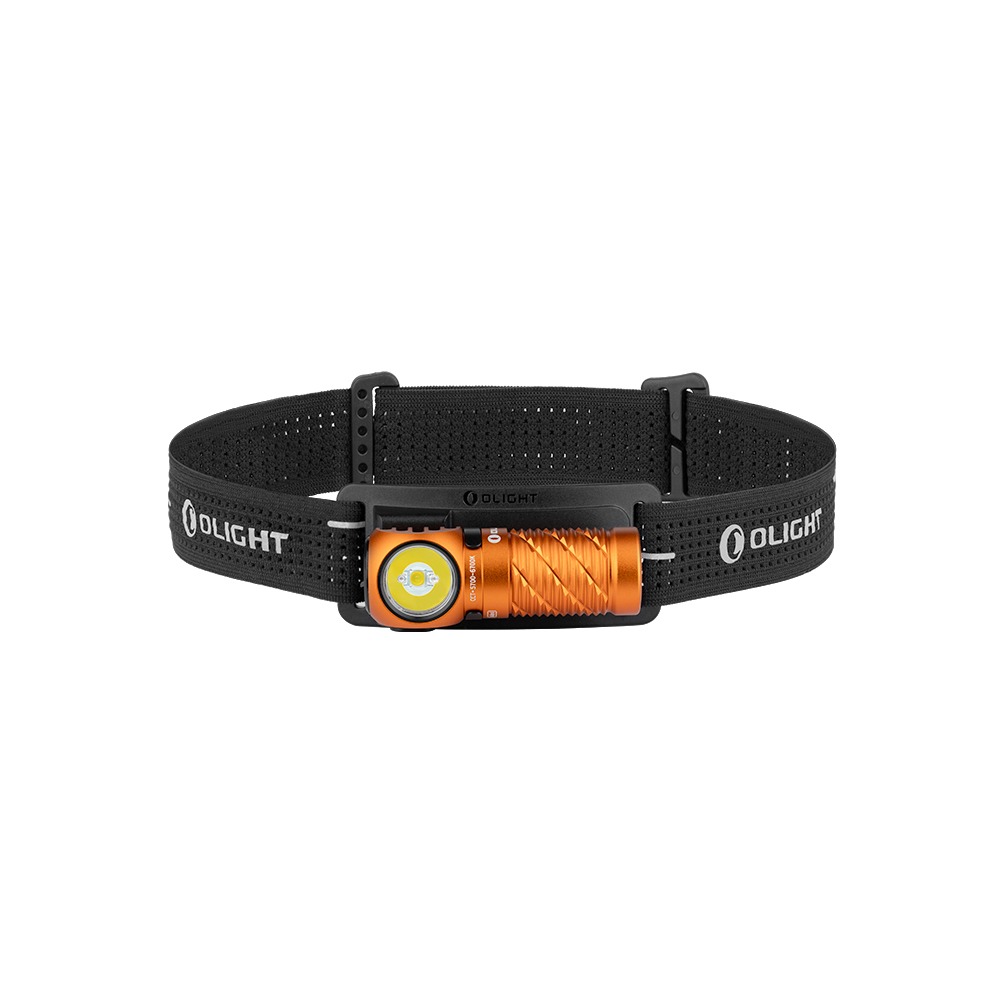 Linterna frontal Olight PERUN 3 MINI naranja con banda ajustable para iluminación versátil al aire libre