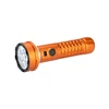 Linterna LED recargable naranja con mango antideslizante y múltiples bombillas para acampada y emergencias