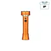 Linterna táctica recargable Olight naranja con mango texturizado antideslizante sobre fondo blanco