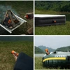 Mini bomba de aire portátil naranja inflando colchón, almohada, bote inflable y avivando fogata de camping