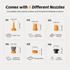 Guía de 6 boquillas diferentes para inflador portátil con medidas y usos para colchones, juguetes y bolsas de vacío