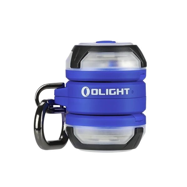Olight Gober 2 azul vista lateral con mosquetón, luz de seguridad y señalización para exteriores.