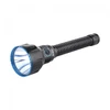 Linterna LED Olight negra con bisel azul, robusta y potente para actividades al aire libre.