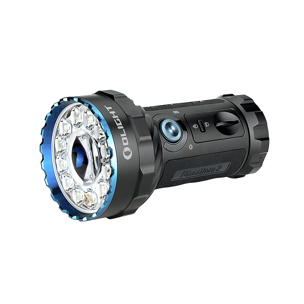 Linterna potente Olight Marauder 2 negra con detalles azules y múltiples LED para exteriores