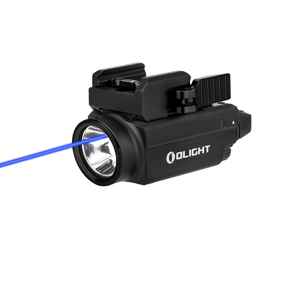 Linterna táctica Olight con mira láser azul para pistolas y armas cortas