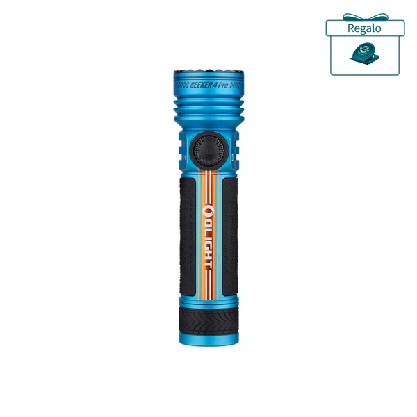 Olight Seeker 4 Pro linterna azul con agarre texturizado y detalles naranjas para uso en exteriores