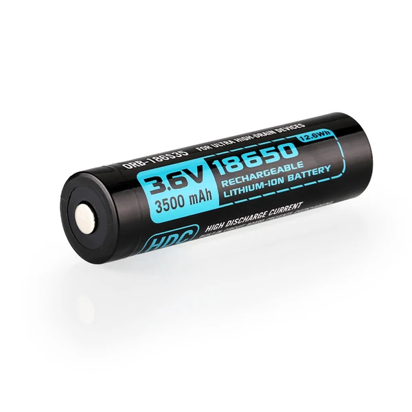 Batería de iones de litio recargable ORB-18650, 3.6V, 3500mAh, 12.6Wh para dispositivos de alto consumo.