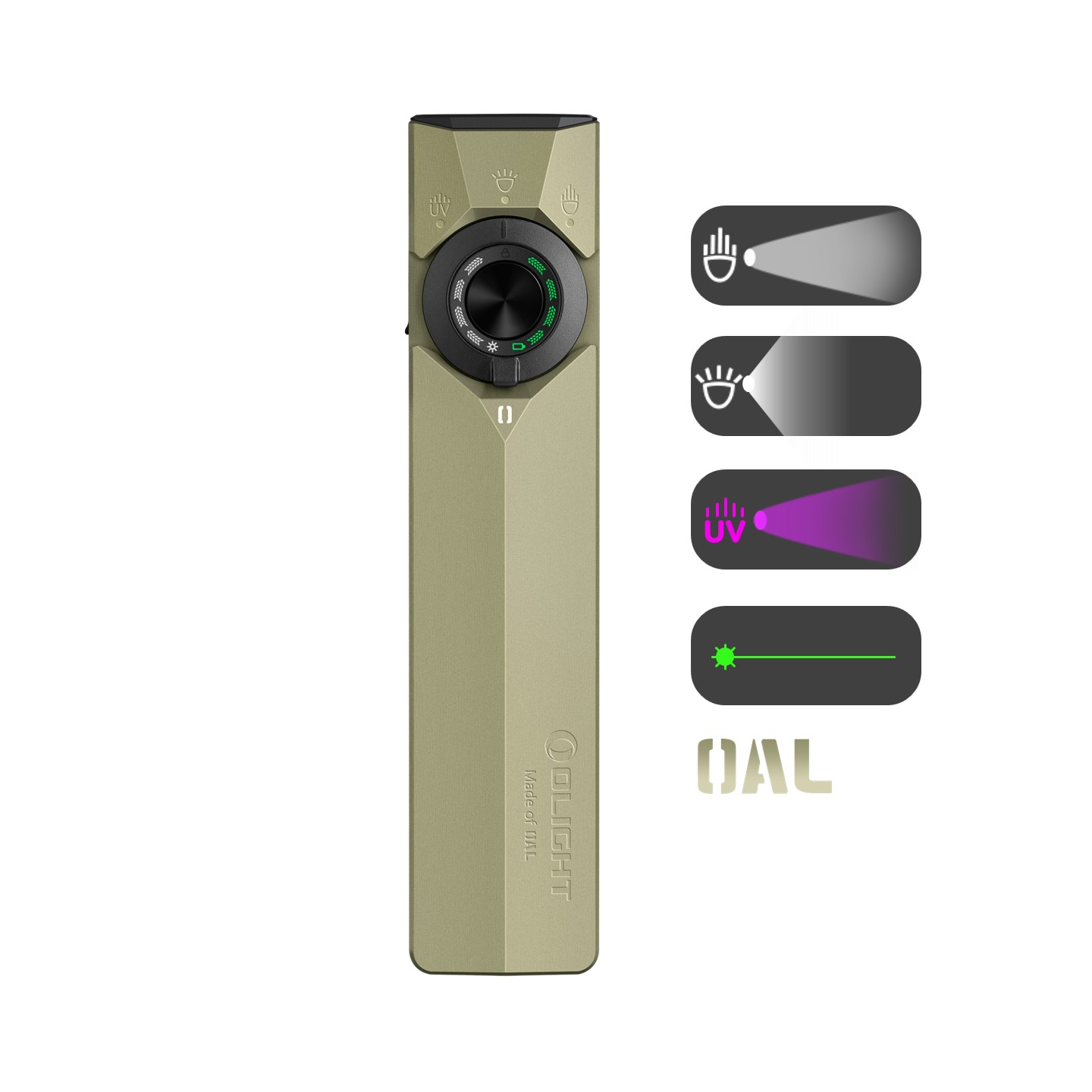 Olight ArkPro Ultra linterna UV color arena, vista frontal con brillo ajustable para uso táctico y general.