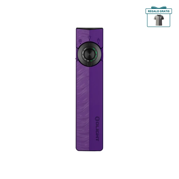 Linterna plana Olight Arkfeld Pro morada con luz EDC láser verde y UV sobre fondo blanco