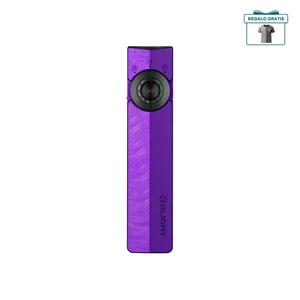 Linterna plana Olight Arkfeld Pro morada con luz UV y láser verde sobre fondo blanco