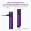 Linterna Olight morada con dos opciones de carga mediante cable USB-C lateral y cargador magnético MCC en la base.