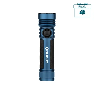 Olight Seeker 4 Pro linterna azul vista lateral con agarre texturizado y botón giratorio para uso en exteriores y emergencia